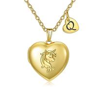 YOUFENG Heart Letter Unicorn Locket Necklace Initial Locket that Holds Pictures 18K Gold Plated Locket Birthday Gifts, Stainless Steel, Zircon
