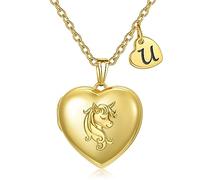 YOUFENG Heart Letter Unicorn Locket Necklace Initial Locket that Holds Pictures 18K Gold Plated Locket Birthday Gifts, Stainless Steel, Zircon