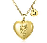 YOUFENG Heart Letter Unicorn Locket Necklace Initial Locket that Holds Pictures 18K Gold Plated Locket Birthday Gifts, Stainless Steel, Zircon