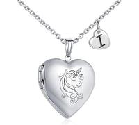 YOUFENG Unicorns Gifts for Her Love Heart Initial Letter Locket Necklace that Holds Pictures Enamel Locket Pendant Gifts for Women, Stainless Steel, Zircon