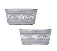 YouGarden Pair of Leaf Vine Tin Trough Planters in Grey, Perfect for your garden plants