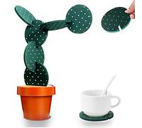 Coasters Cactus Set of 6 DIY Funny Coasters for Drinks with Flowerpot Holder,Novelty Coasters Cactus Gifts for Bar Home Decor (Green with Point)