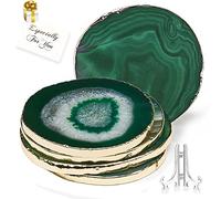 Yougoals Green Agate Coasters Set of 4,Natural Geode Coasters Agate Slices Gold Rim 4 - 3.5'',Gem Coasters for Drink,Decorative Geodestone Coasters for Home Decor, Coasters for Coffee Table