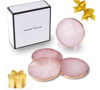 Yougoals Rose Quartz Coaster Single with Stand (4 PCS),Pink Round Agate Coaster for Drinks,Natural Rose Crystal Stone with Golden Edge, Gemstone Geode Decor Gifts