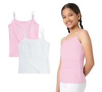 YouGotPlanB Cotton Padded Camisole | Pack of 2 | Ages 8-16 Years | Built-in Light Padding | Full Coverage | Perfect for School, White & Pink, 14-16 Years