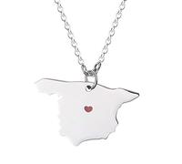 YOUHU Map Necklace For Women,Vintage Spain Map SilverPendant Map Outline Red Heart Pattern Hip Hop Jewellery Patriotic Accessories Birthday Christmas Unisex Gift