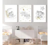 Youihom 3 Sheets Baby Room A3 Grey and Gold Stars Cloud Moon Motivational Phrases Poster Elephant Children's Canvas Decorative Wall Children Gift without Frame
