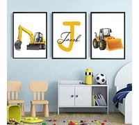Youihom Set of 3 Posters Personalised Baby Name 30 x 40 cm Boho Prints Boy Room Construction Vehicles Digger Crane Picture Nursery Painting Wheel Loader Roller Dumper Truck Wall Pictures A3 No Frame