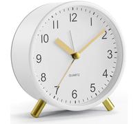 YouJabz Analogue Alarm Clock, Super Silent Non Ticking with Night Light, Battery Operated, Fashionable Round Metal Alarm Clock for Office, Bedroom, Elderly, Adults, Children, School Gift (White)