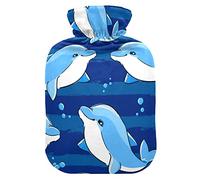 YOUJUNER Hot Water Bottle with Blue Dolphin Sea Fish Cover 1 Litre Large Hot Water Bag Warm Comfort Hand Feet Warmer