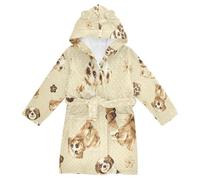 YOUJUNER Kids Bathrobe Hooded Robe Retro Dog Pattern Girls Boys Dressing Gown Soft Plush Sleepwear Nightwear Absorbent Pyjamas Nightgown