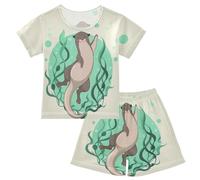 YOUJUNER Kids Pyjamas Set Cartoon Animal Otter Short Sleeve T-Shirt Summer Nightwear PJs Lounge Wear Sleepwear for Boys Girls Children Multicolor