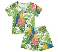 YOUJUNER Kids Pyjamas Set Tropical Palm Leaves Macaw Parrot Short Sleeve T-Shirt Summer Nightwear PJs Lounge Wear Sleepwear for Boys Girls Children Multicolor