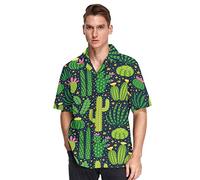 YOUJUNER Men Short Sleeve Green Cactus Cacti Pattern Hawaiian Shirt Short Sleeve, Button Down Casual Beach Shirts Summer Shortsleeve