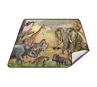 YOUJUNER Picnic Blanket 200 x 200cm African animal Leopard Elephant Zebra Giraffe Lion Large Picnic Mat Waterproof Beach Blanket Portable Outdoor Rug Camping Mat