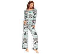 YOUJUNER Pyjamas Sets for Women, Cute Raccoon Pattern Long Sleeve Sleepwear Loungewear Set Pjs Nightwear Set Multicolor