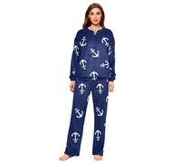 YOUJUNER Pyjamas Sets for Women, Navy Blue Anchor Pattern Winter Warm Sleepwear Summer Loungewear Set Pjs Nightwear Set