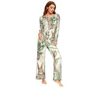 YOUJUNER Pyjamas Sets for Women, Vintage Rabbit Hare Pattern Long Sleeve Sleepwear Loungewear Set Pjs Nightwear Set Multicolor