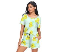 YOUJUNER Pyjamas Sets for Women, Yellow Duck Pattern Short Sleeve Sleepwear Summer Loungewear Set Pjs Nightwear Set