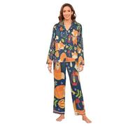 YOUJUNER Satin Pyjamas Sets for Women, Cute Animal Fox Print Long Sleeve Sleepwear Loungewear Set Pjs Nightwear Set Multicolor