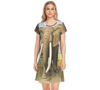 YOUJUNER Women's Nightdress Africa Elephant Print Nighties Nightgown Short Sleeve Nightshirt Sleepwear Loungewear T-Shirt Dress