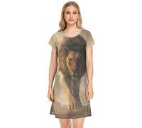 YOUJUNER Women's Nightdress African Wild Lion Nighties Nightgown Short Sleeve Nightshirt Sleepwear Loungewear T-Shirt Dress