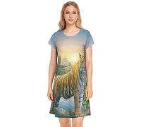 YOUJUNER Women's Nightdress Animal Tiger Nighties Nightgown Short Sleeve Nightshirt Sleepwear Loungewear T-Shirt Dress