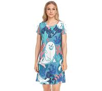 YOUJUNER Women's Nightdress Cartoon Sea Seal Pattern Nighties Nightgown Short Sleeve Nightshirt Sleepwear Loungewear T-Shirt Dress