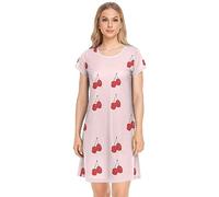 YOUJUNER Women's Nightdress Cherry Pattern Nighties Nightgown Short Sleeve Nightshirt Sleepwear Loungewear T-Shirt Dress
