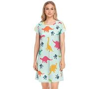 YOUJUNER Women's Nightdress Colourful Dinosaur Pattern Nighties Nightgown Short Sleeve Nightshirt Sleepwear Loungewear T-Shirt Dress