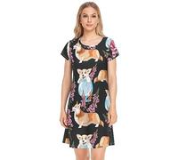 YOUJUNER Women's Nightdress Cute Dog Corgi Print Nighties Nightgown Short Sleeve Nightshirt Sleepwear Loungewear T-Shirt Dress