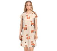 YOUJUNER Women's Nightdress Cute Fox Pattern Nighties Nightgown Short Sleeve Nightshirt Sleepwear Loungewear T-Shirt Dress