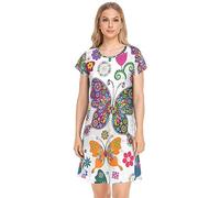 YOUJUNER Women's Nightdress Floral Butterfly Nighties Nightgown Short Sleeve Nightshirt Sleepwear Loungewear T-Shirt Dress