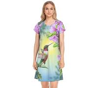 YOUJUNER Women's Nightdress Flower Bird Hummingbird Nighties Nightgown Short Sleeve Nightshirt Sleepwear Loungewear T-Shirt Dress