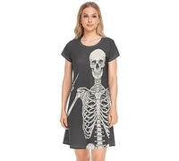 YOUJUNER Women's Nightdress Funny Human Skull Skeleton Nighties Nightgown Short Sleeve Nightshirt Sleepwear Loungewear T-Shirt Dress