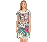 YOUJUNER Women's Nightdress Indian Tiger Face Feather Nighties Nightgown Short Sleeve Nightshirt Sleepwear Loungewear T-Shirt Dress