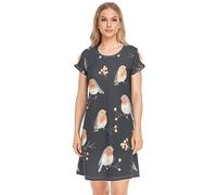 YOUJUNER Women's Nightdress Robin Bird Pattern Nighties Nightgown Short Sleeve Nightshirt Sleepwear Loungewear T-Shirt Dress