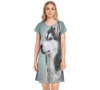 YOUJUNER Women's Nightdress Siberian Husky Dog Nighties Nightgown Short Sleeve Nightshirt Sleepwear Loungewear T-Shirt Dress