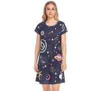 YOUJUNER Women's Nightdress Universe Space Star Planet Nighties Nightgown Short Sleeve Nightshirt Sleepwear Loungewear T-Shirt Dress