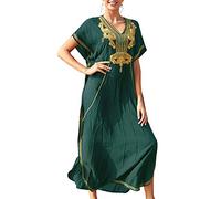 YouKD Cotton Kaftan Embroidered Floral Dress Bohemian Beach Bikini Cover Up Robe Plus Size Nightgown for Women
