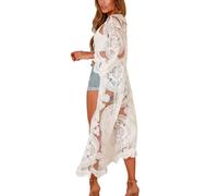 YouKD Women's Lace Cardigan See Through Dress Boho Long Kimono Beach Swimsuit Cover Up Dresses B White