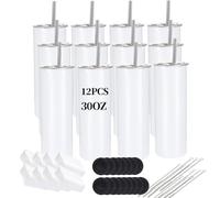 YOUKE OLA 12 Pack Sublimation Tumblers Bulk 30oz - Blank Straight Skinny Tumbler Stainless Steel Insulated Sublimation Tumblers Polymer Coating for Heat Transfer with Straws, Lids, White, 12PCS30OZ