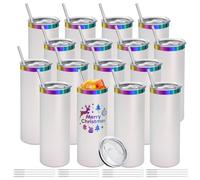 YOUKE OLA 16 Pack Rainbow Plated Stainless Steel Tumbler Straight Double Wall Powder Coated for Laser Engrave, 20oz White To Iridescent