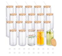 YOUKE OLA 20 Pack Pre Drilled Beer Glass Can Shaped Blank Double Wall Glass Cans with Rubber Stopper Bamboo Lid & Straws for Snow Globe Glitter DIY Clear 12oz