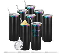 YOUKE OLA 8 Pack Rainbow Plated Stainless Steel Tumbler Straight Double Wall Powder Coated for Laser Engrave, 20oz Black To Iridescent