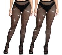 Youkly 2 Pairs Sparkly Tights, Rhinestone Fishnet Tights Women, Black Diamante Fishnet Tights, Diamond Glitter Tights Pantyhose Stockings for Parties, Role Play, Halloween