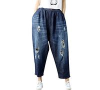Youlee Women's Summer Patchwork Harem Trousers Destroyed Jeans Wide Leg Jeans Style 4 Deep Blue