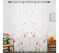 youleyar Floral Sheer Curtains for Living Room 96 Inches Long 2 Panels White Semi-Sheer Curtain with Flower/Butterfly Printed Pattern Summer/Spring Rod Pocket Voile Drapes for Bedroom, W52 x L96
