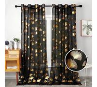 Youleyar Gold Foil Print Voile Sheer Curtains, Leaves Grommet Top Window Drapes 96 Inches Long, Luxury Metallic Bronzing Treatment Panels for Home Window Decoration, 2 Panels(Black,52W x 96L)