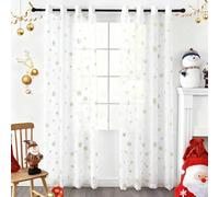 Youleyar Snowflake Christmas Sheer Curtains, Luxury Gold Foil Print Voile Sheer Curtains, Metallic Bronzing Treatment Pair for Holiday Window Decoration, Living Room, Set of 2 Panels White 52x63 inch